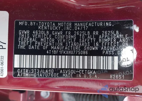 2017 Toyota Camry Xle z USA, uszkodzony, nr VIN 4T1BF1FKXHU775086